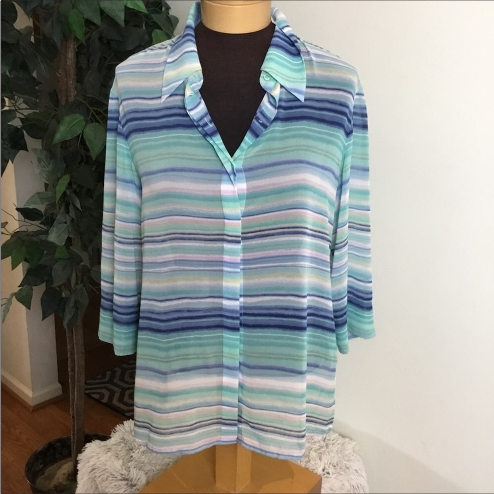 Liz Claiborne blouse Woman’s petite large striped semi sheer hidden bu…